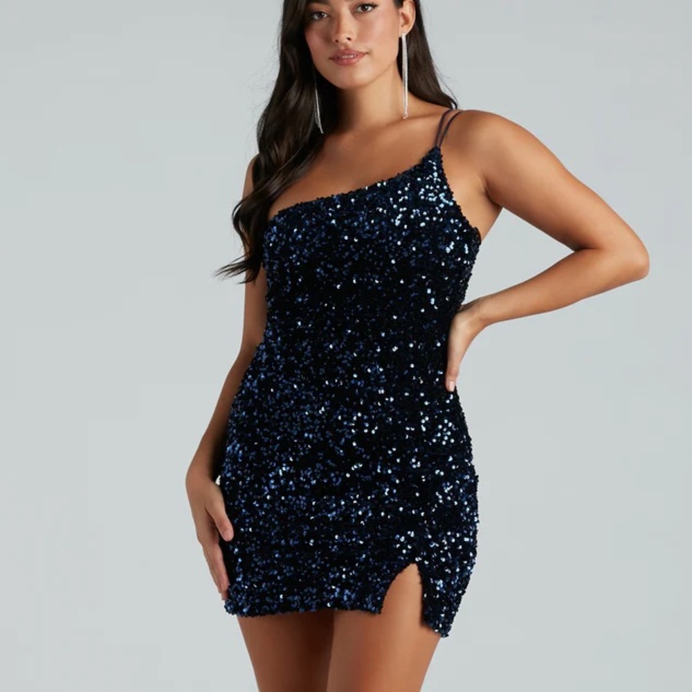 One Shoulder Navy Sequin Mini Dress